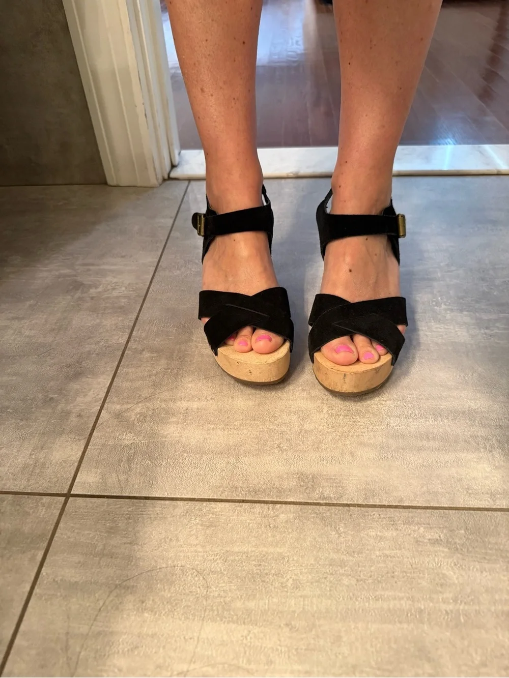 LOFT Black Suede Platform Sandals with Natural Wood Heel